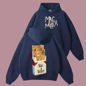 "Mac Miller Cigarette Pack" Vintage, Premium Soft Cotton, Creative Pop Art Photo Collage & Typography, Mac Miller Fans & Hip Hop Aesthetic Lovers, Navy Blue Hoodie.