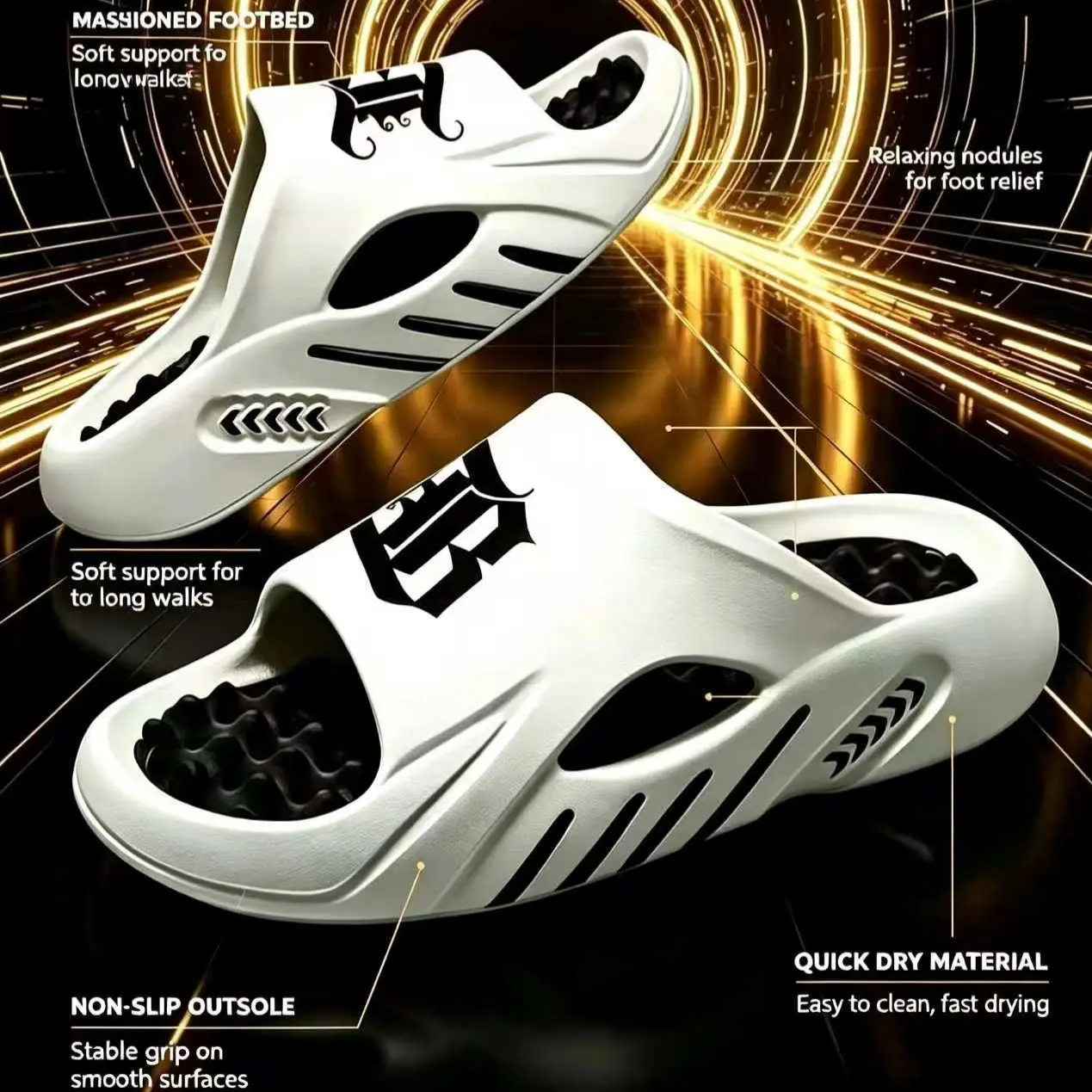 Men's Gothic B Letter Massage Cloud Slides, Gray Thick Platform EVA Shower Slippers With Black Wavy Massage Insole, Anti Slip Open Toe Sport Slide Sandals, Y2K Cyberpunk Streetwear Casual Slides For Gym Beach Pool Indoor Outdoor Daily Wear