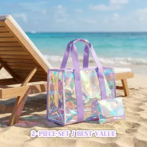 Iridescent Clear Beach Tote Bag with Pouch, Waterproof PVC Pool Shoulder Handbag, Stadium Approved Transparent Bag for Concert & Summer Travel