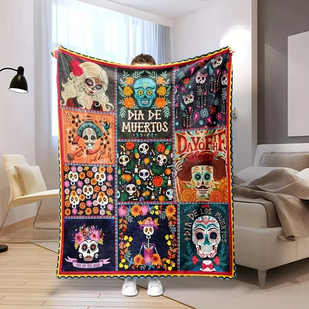 Antique Mexican Day of the Dead Printed Flannel Blanket - All-Seasons, Durable, Stain-Resistant, Tear-Resistant, Machine Washable, Patchwork Digital Printed Polyester Throw, Multi-Purpose Soft Warm Bedding Linen