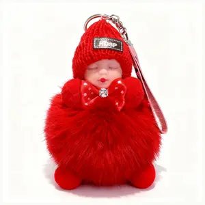 handbag charm Parking Key with Red Fur Bow and Hat for Stylish Accessory,Doll s Fluffy Sleeping Baby Multi-colored Knitted Hat Wear Baby Key Ring, Accessories for Women Men car  accessories  girls