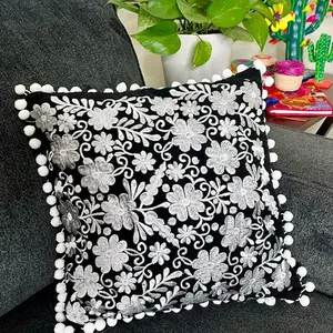 Embroidered Pillow Case 16x16.5 Black & Silver Floral Design with Pom-Pom Border Zipper Closure Mexican Home Decor