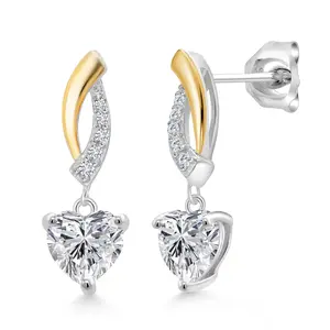925 Silver and 10K Yellow Gold IGI Certified Lab Grown Diamond Dangle Earrings For Women | 2.10 Cttw | Heart Shape Diamonds Each 1 Ct | E-F Color | VS1-VS2 Clarity