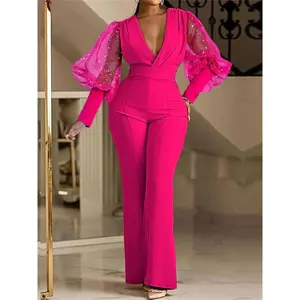 Women’s all-season pink jumpsuit with a V-neck, elegant high waist, sheer mesh panel, long sleeves — polyester/spandex