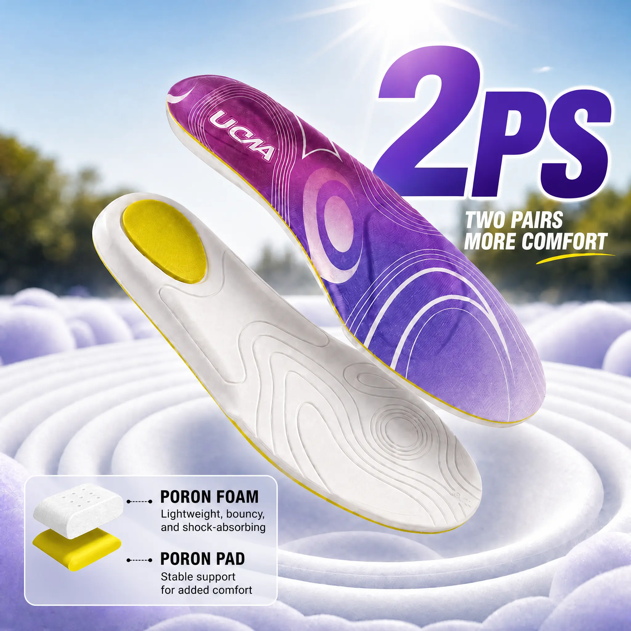 PU 2 Pairs Anti-Fatigue Work Insoles for Standing All Day Men Women, High Rebound Soft Polyurethane Shoe Inserts