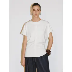 URBAN REVIVO 2026 Spring Women's Slim Viscose Round Neck Shortsleeve Ruched T-Shirt - Minimalist Casual Basic Women's Clothes Top, Style ULU450002, Everyday Wear