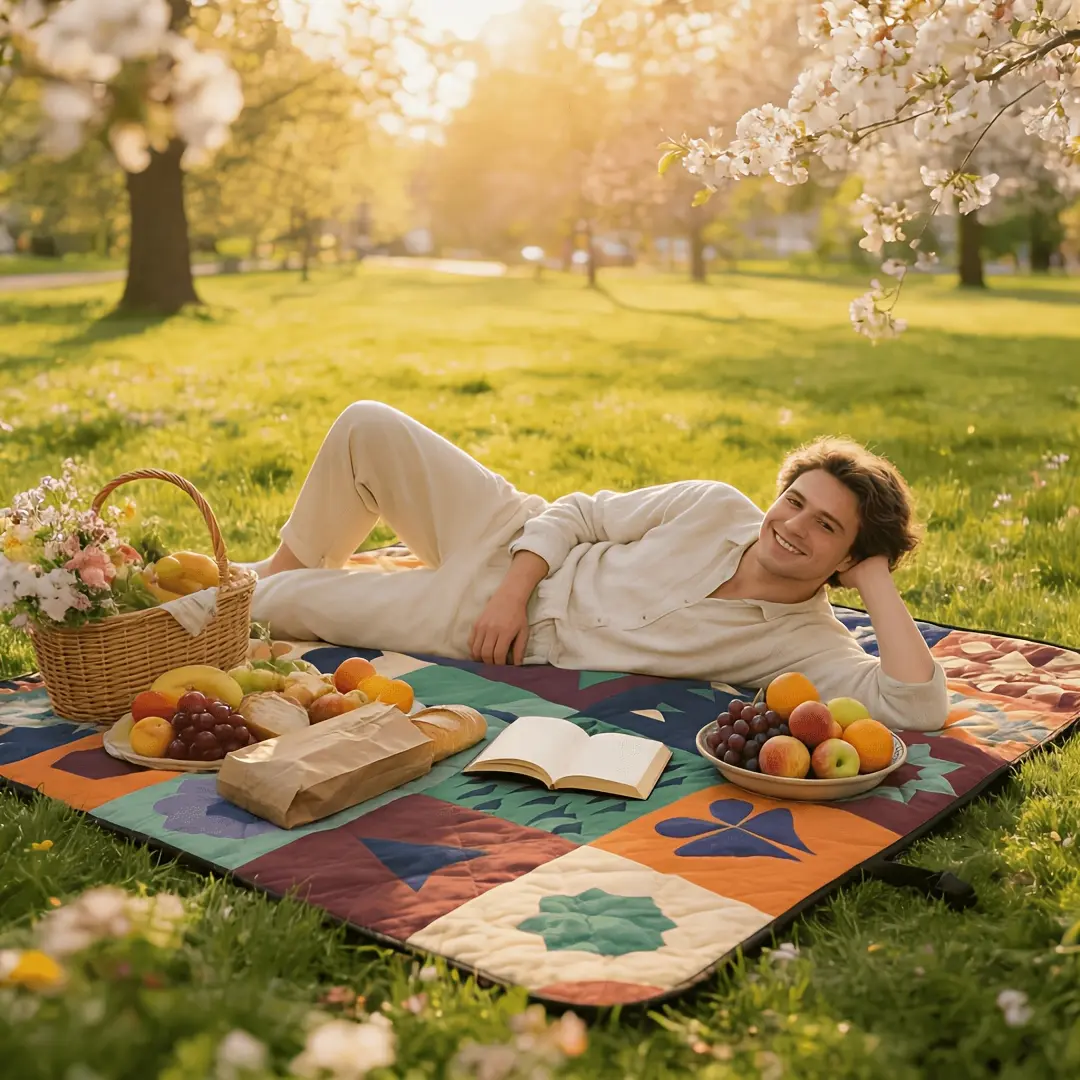 Extra Large Picnic Blanket 78x78 in, Soft Padded Woven Fabric with Floral and Fruit Print, Portable with Carry Strap for Beach, Park, Camping, Travel, Soft Padded Layer Design, C