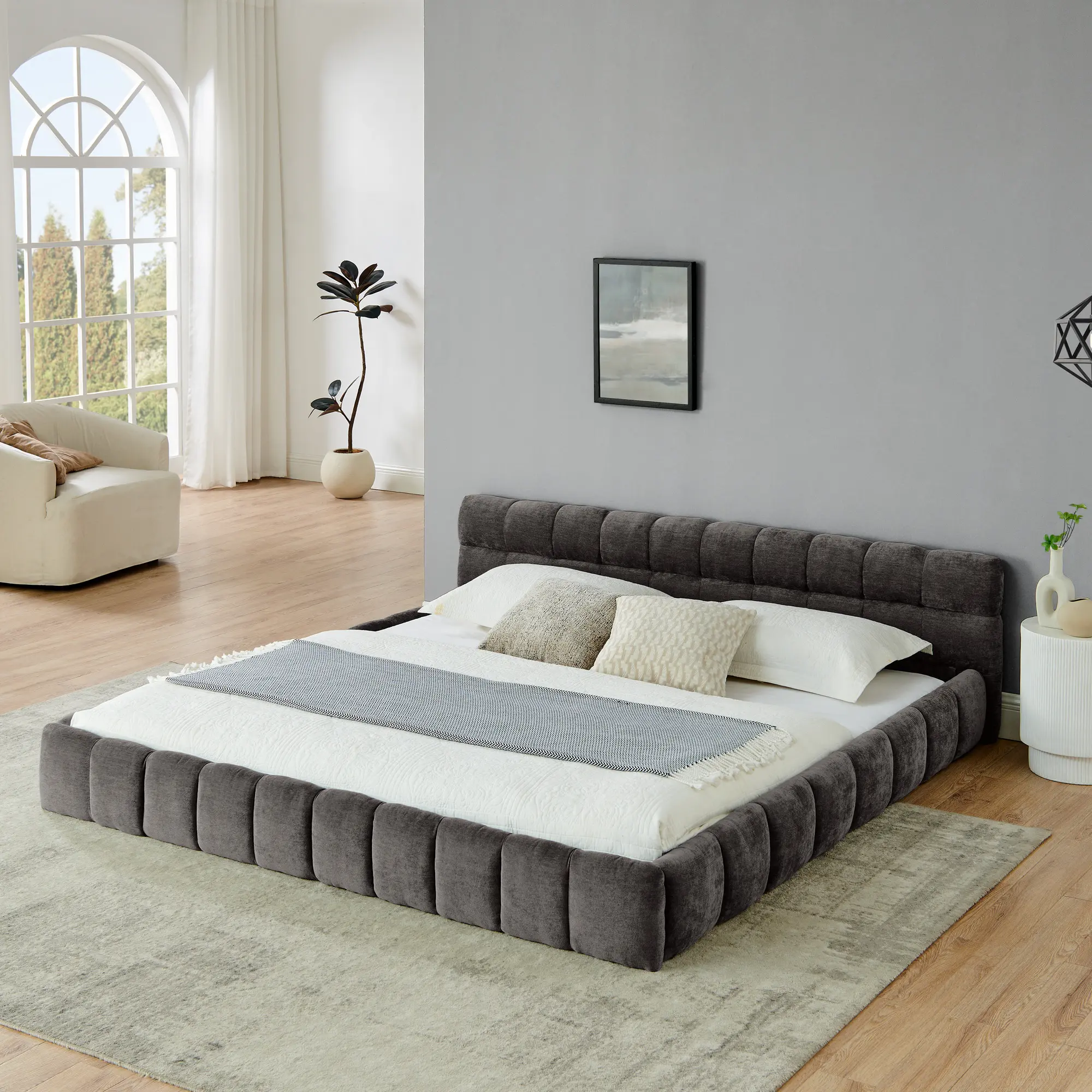 King-Sized Chenille Foam Upholstered Rectangular Platform Bed Frame, Thickly Padded Headboard, Sturdy Built for Lasting Stability, Easy Assembly Required, Modern Bedroom Centerpiece, 88.5x85.5x24in Ready to Complete Your Bedroom, Ease