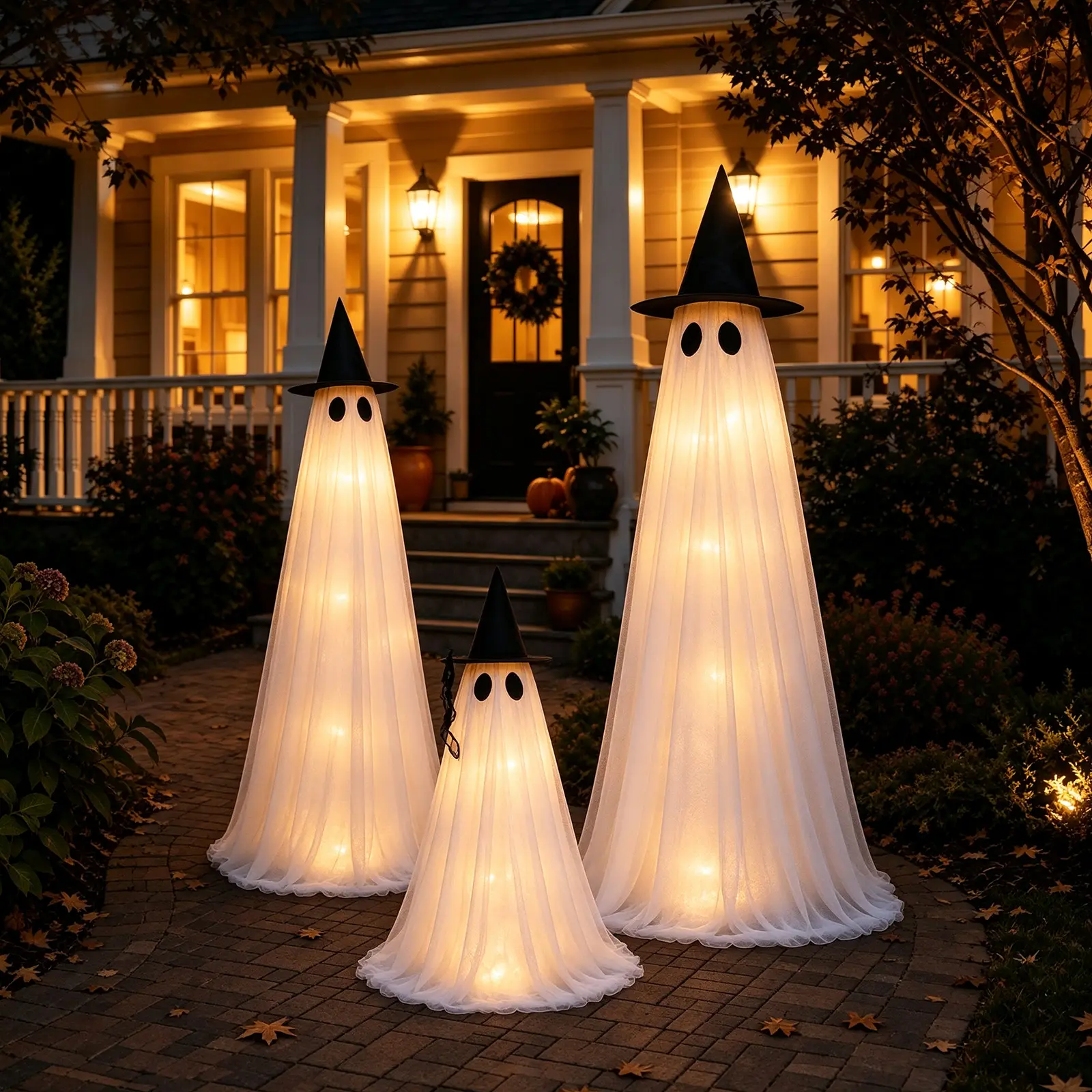 3Pack Ghost Family Halloween Decorations Outdoor, Light Up Standing Ghosts Set with Remote Control String Lights, Cute Spooky Indoor & Outdoor Decor for Porch, Yard, Lawn, Entryway & Window