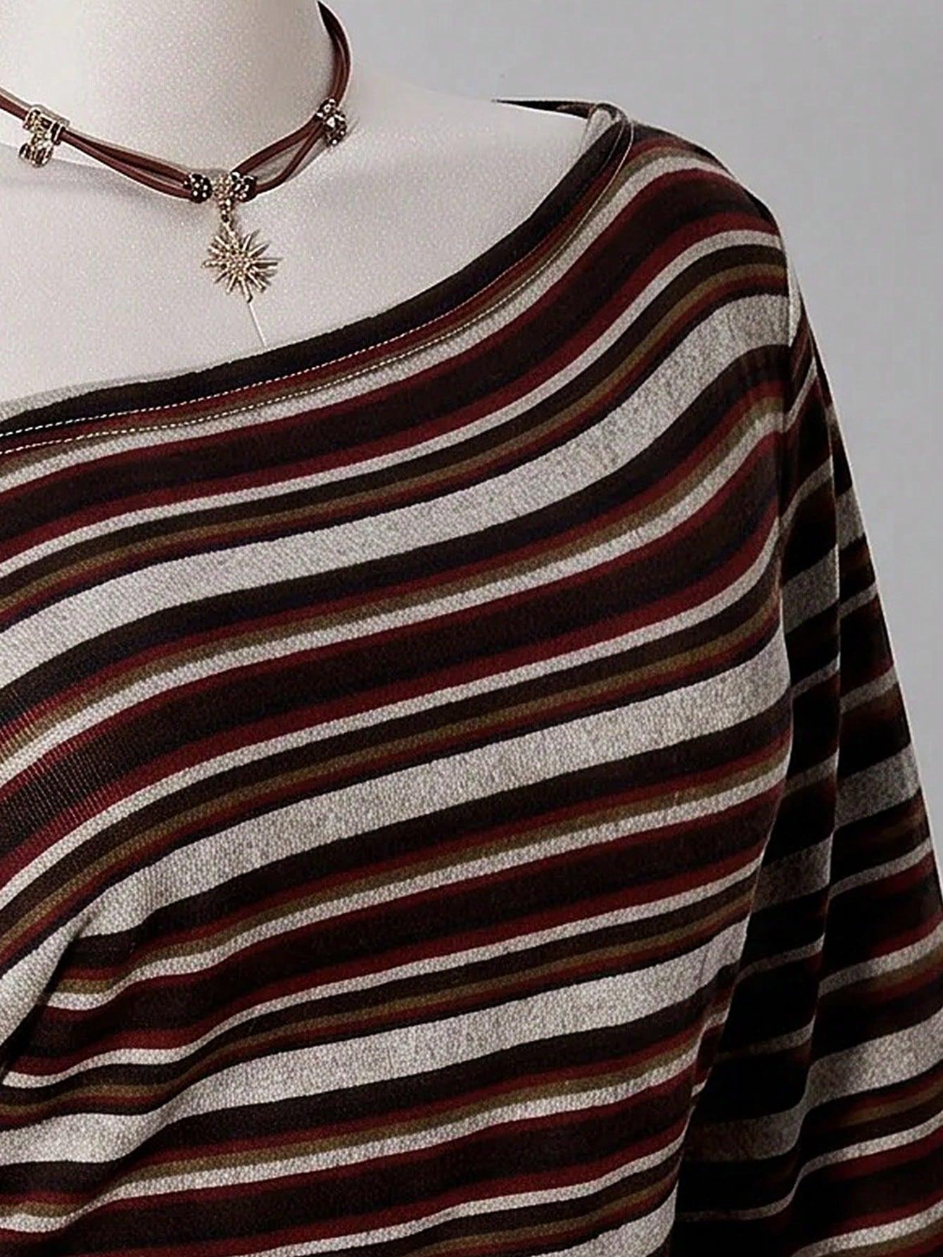 LALUZ Waist-Cinching Plus Size Knitted T-Shirt Asymmetrical Shoulder Y2K Vintage Long Sleeve Fall Top Trendy