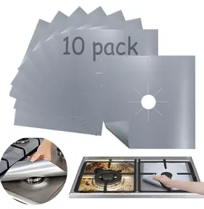 Square Stove Burner Covers, 10 Pack Non-stick Gas Range Protectors Liners, Stove Burner Liner Cover 10.6 in x10.6 in, Silver Stovetop Covers Double Thickness 0.2mm, Cuttable, Heat-resistant, Reusable