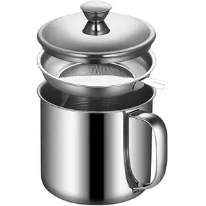 1.3L Stainless Steel Grease Container with Fine Mesh Strainer – Kitchen Oil Storage Tank and Reusable Frying Oil Pot for Cooking Utensils