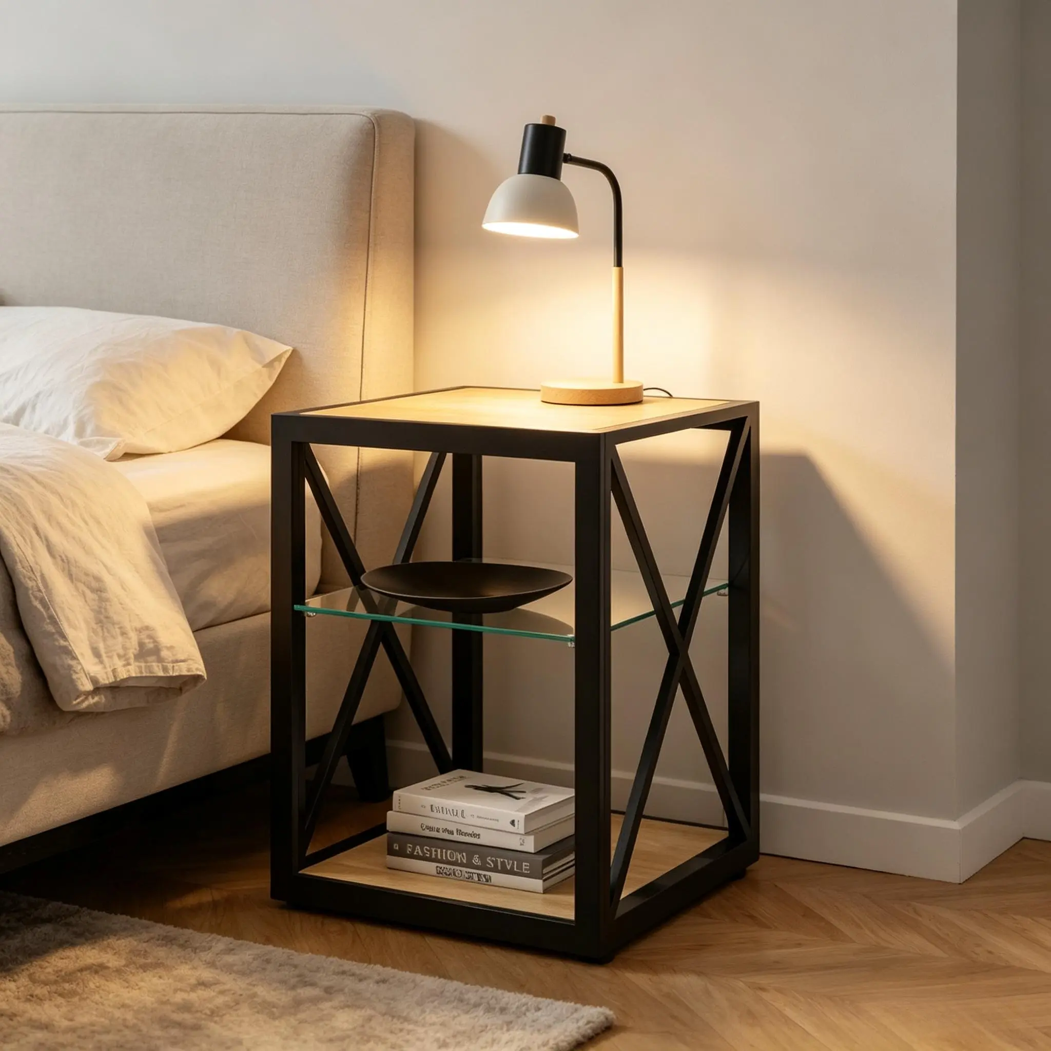 Industrial Side Table Nightstand, 3-Tier Storage End Table with Tempered Glass Shelf, X Metal Frame Wooden Side Table for Living Room Bedroom