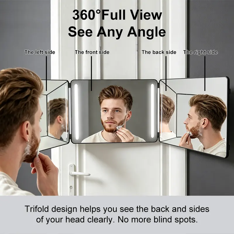 MissMeeca 3 Way Hair Cutting Mirror with LED Ring Light, 360° Trifold Vanity Mirror for Self Hair Cutting, Adjustable Brightness LED Makeup Mirror, Door Hanging Barber Mirror for Hair Styling, Shaving, Braiding, Makeup, Home Salon