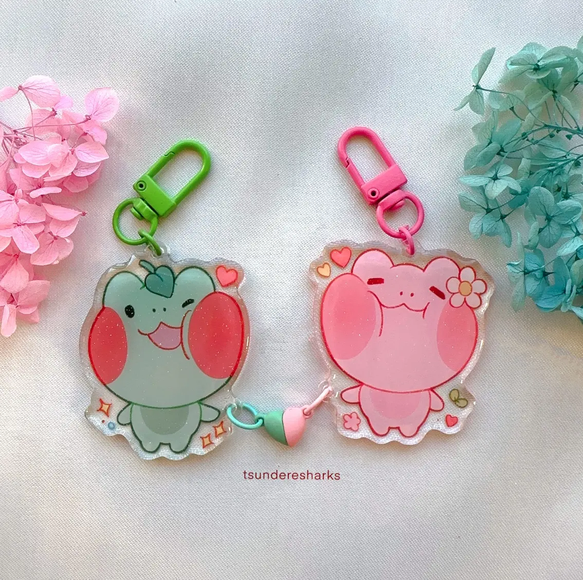 Pink and Green Frog Heart Magnet Matching Acrylic Keychain
