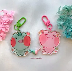 Pink and Green Frog Heart Magnet Matching Acrylic Keychain