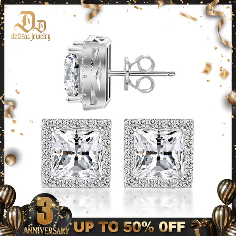 Delzzad S925 Princess Halo Stud Earrings Lab-Created Moissanite Stud Earring Moissanite Jewelry Perfect Birthday Mother’s Day Christmas Gift for Men Women Wedding Set