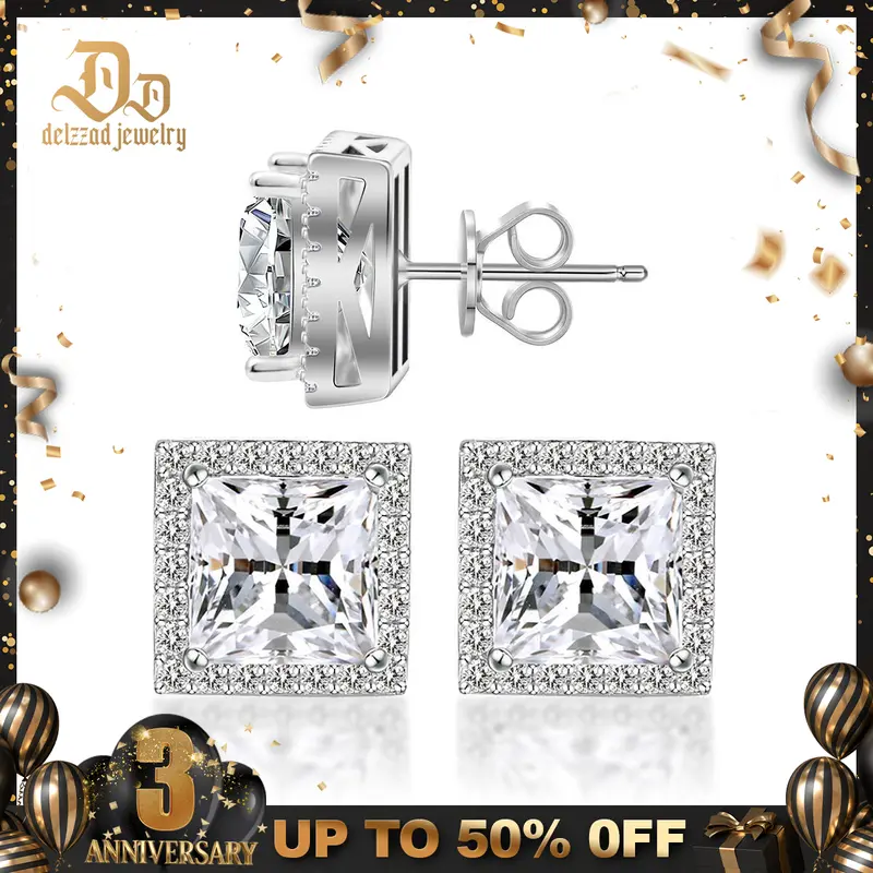 Delzzad S925 Princess Halo Stud Earrings Lab-Created Moissanite Stud Earring Moissanite Jewelry Perfect Birthday Mother’s Day Christmas Gift for Men Women Wedding Set