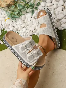 Women's Summer Sandals, Rhinestone Edge Double Buckle Platform Slippers, Denim Fabric Braided Thick Sole Flip Flops, Outdoor Wear