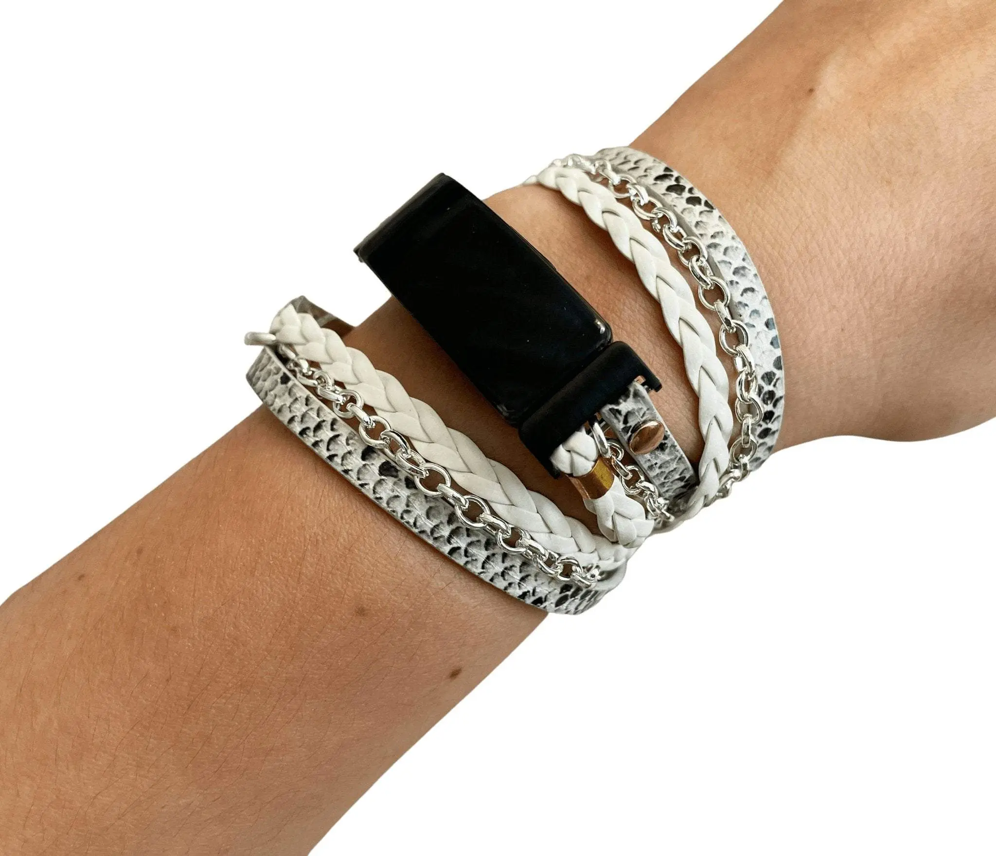 Boho Chic White Snakeskin LeatherWatch Band with  Silver Chain for Fitbit Luxe