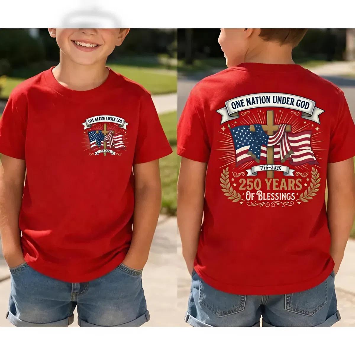 Youth and Adult One Nation Under God Shirt, 250 Years Of Blessings USA Tee, Patriotic Christian Youth Shirt, 1776-2026 Anniversary T-shirt, 4th Of July Shirt, Independence Day tee, patriotic tee, Youth Clothing, summer outfit, holiday outfit