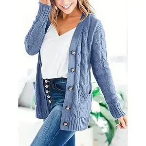 Cozy Cable Knit Cardigan with Button Front - Warm Long Sleeve Casual Style for Autumn & Winter - Women's Fashion Essential Clothing