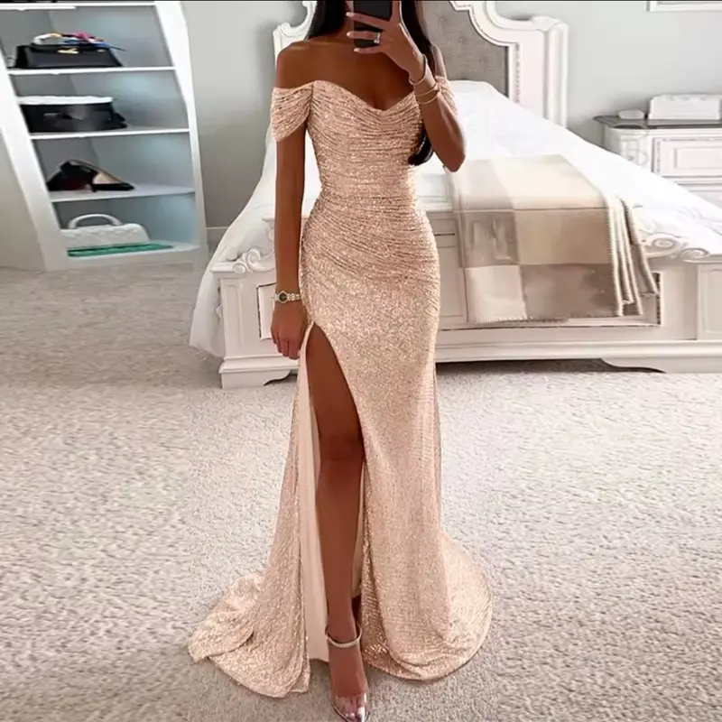 Party Sequins Off-neck Split Dress INS Casual Fashion Dress Women 2024 Prom Wedding Club Party Any Occasion Dress  Fabric Womenswear fashion dress Women's Off-Shoulder