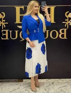 Versatile Blue Top and White Blue Patterned Pleated Skirt Suit for Women - Casual/Formal