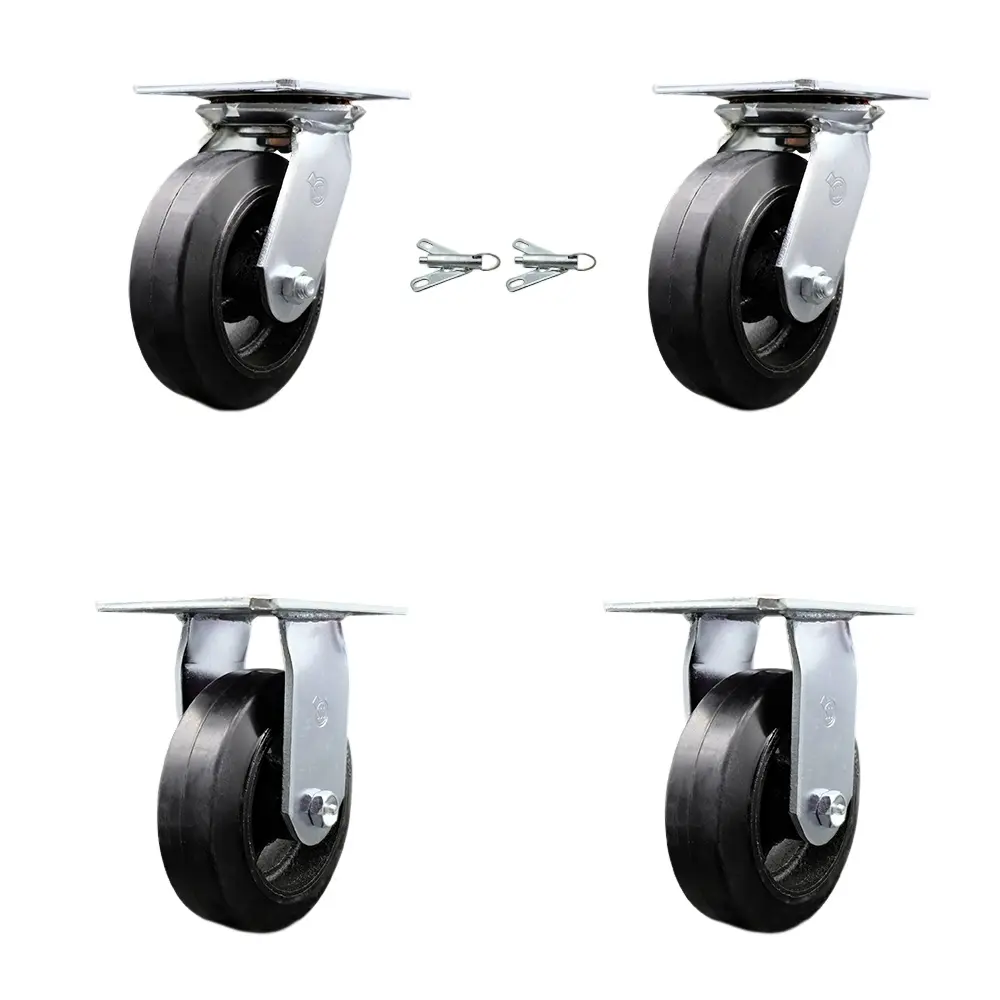Service Caster SCC-35S620-RSR-BSL-2-R-2 Heavy Duty Metal Ball Castors, Large Top Plate, 6x2 in. Black Rubber-on-Cast Iron Units with 2 Bolt-On Swivel Locks, 1800 lbs Total Capacity Set of 4 for Commercial Industrial Equipment, Warehouse Carts, 2 Swivel Wi