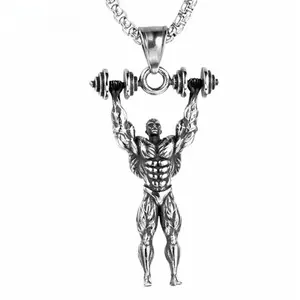 Mens Gym Barbell Dumbbell Bodybuilding Necklace Pendant Stainless Steel 316L  Black Silver 46mm x 27mm