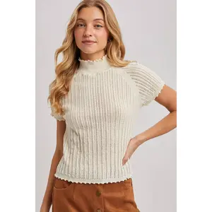 OPEN-KNIT MOCK NECK POINTELLE RUFFLE EDGE SWEATER TEE TOP with Delicate Ruffled Hem & Vertical Ribbed Texture