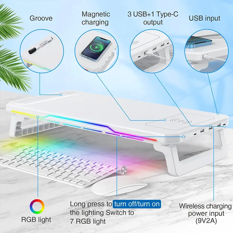 Ergonomic Office Monitor Stand with Wireless Charging RGB Gaming Desk Mount, 3 USB Ports & Type-C Port for Laptop Display Extension, Computer Stand PC Stand