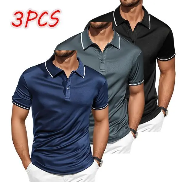 Men’s 3-pack basic polo shirts with contrast piping, soft stretch fabric, slim fit—ideal for golf, business attire, everyday wear, and summer outfits.