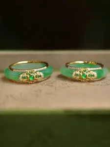 1pc Chinese Style Green Jade Inlaid Metal & Zirconia Ring, Fashionable High-End 18K Gold Band, Luxury & Versatile Gift For Women