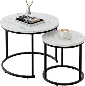 Round Nesting Coffee Table Side Table Set of 2 End Tables for Living Room Bedroom Balcony, White Faux Marble Wooden Table Accent Coffee Table with Black Steel Frame