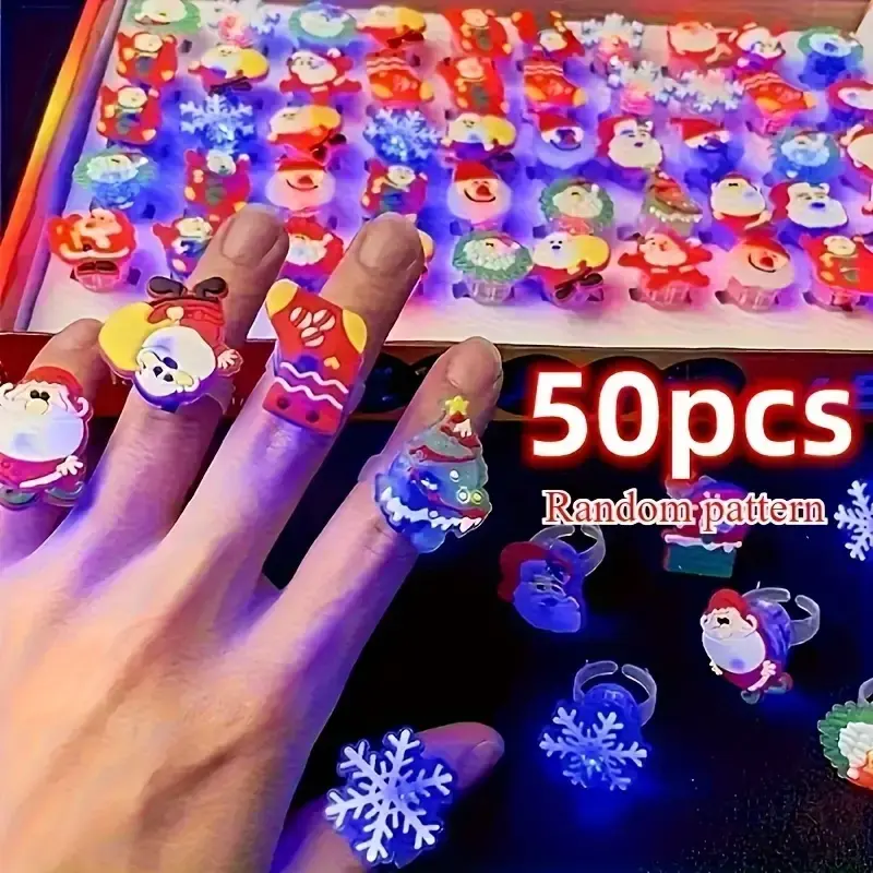 50-Pack Colorful ABS LED Flash Christmas Light-Up Rings - Assorted Styles Unisex Festive Toys for Holiday Decorating, Child Gifts, Stocking Stuffers, One Size, Led Lights