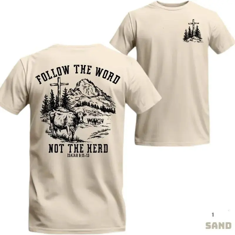Follow The Word Not The Herd Faith 2025 Cross Cow Mountain Graphic T-shirt, Unisex Menswear Top for Church or Outdoor Wear, Gift For Men