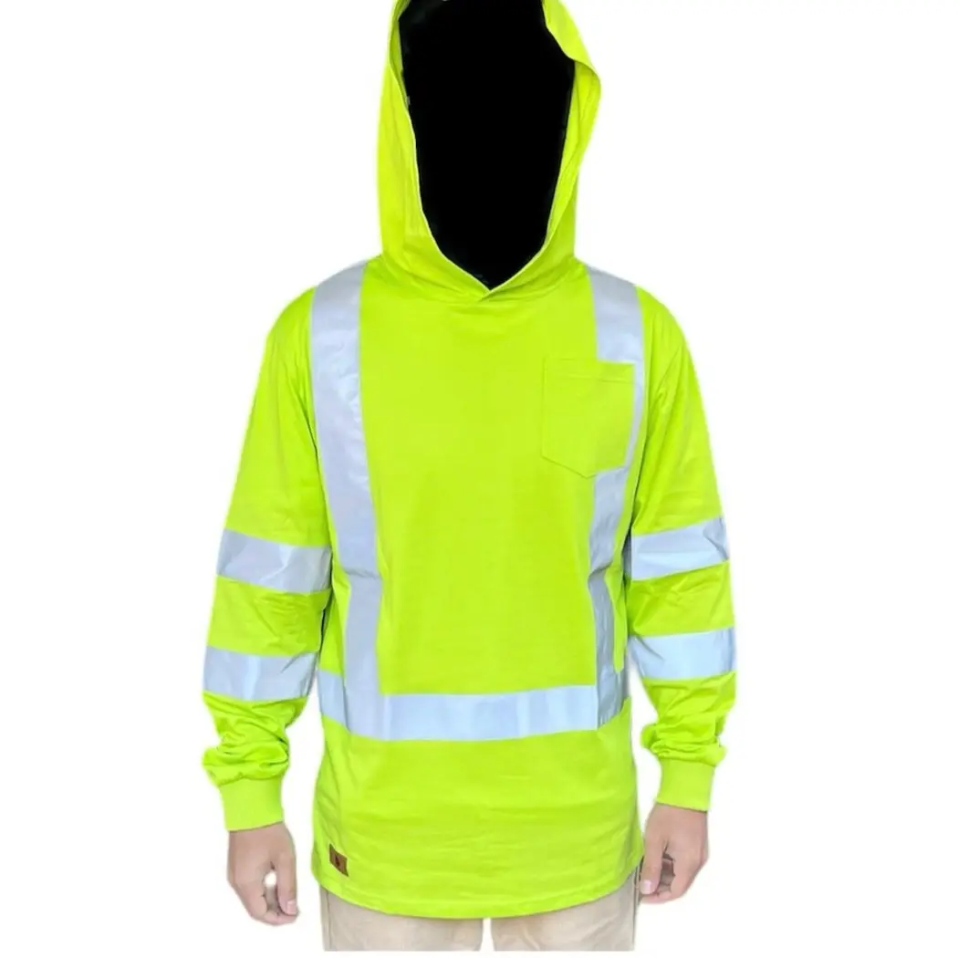 Anc Workwear Provision: Men's Hooded Long Sleeve High-Visibility Safety Shirt with Reflective Stripes and Multi-Functional Pocket