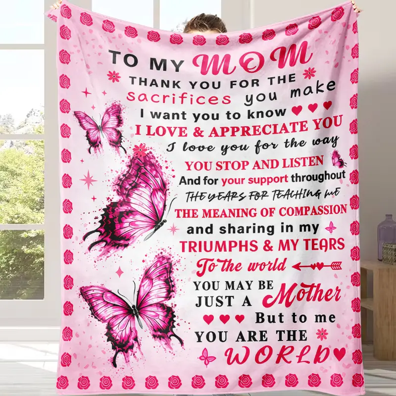 For Mother's Day Pink "To My Mom" Thank You I Love You Blanket,Gifts for Mom,Butterfly & Rose Blanket,Mom Birthday Gifts from Daughter Son, Soft Moms Throw Blanket for Christmas, Warm Plush Flannel Blanket Suitable for use in sofas, and travel settings