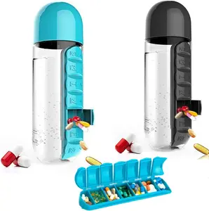 Medicine box, water bottle, portable 7-day medicine box, medication dispenser, 2-in-1, medication organizer with outdoor sports water bottle