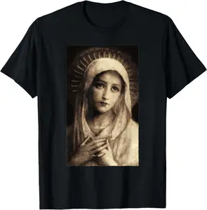 1PC Pure Cotton Virgin Mary Maria Catholic Painting Graphic Unique Design Graphic T-Shirt Machine Or Hand Wash Made In USA Fabric Menswear
