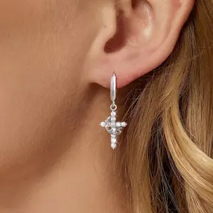 Moodear Cross Dangle Earrings for Women - Trendy Dainty Crown Huggie Hoop Earrings Hypoallergenic CZ Drop Earring Dangling Faith Religious Jewelry