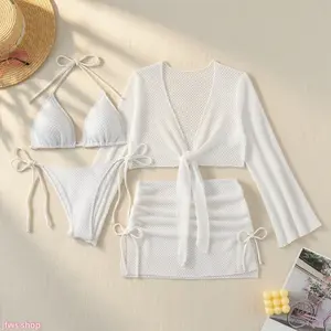 2026 New White Halter Neck Tie Up 4 Piece Bikini Set For Women Simple Elegant Sexy Sweet Style For Beach Vacation Summer Light Luxury Cute US Design