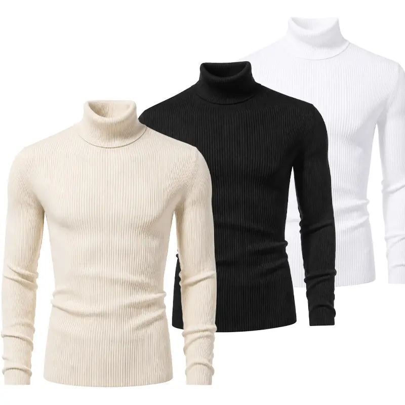 Men's Ribbed Knitted Turtleneck Tops, Slim Fit Long Sleeve Pullover, Soft Lightweight Base Layer for Everyday Menswear, Set, Stretchy