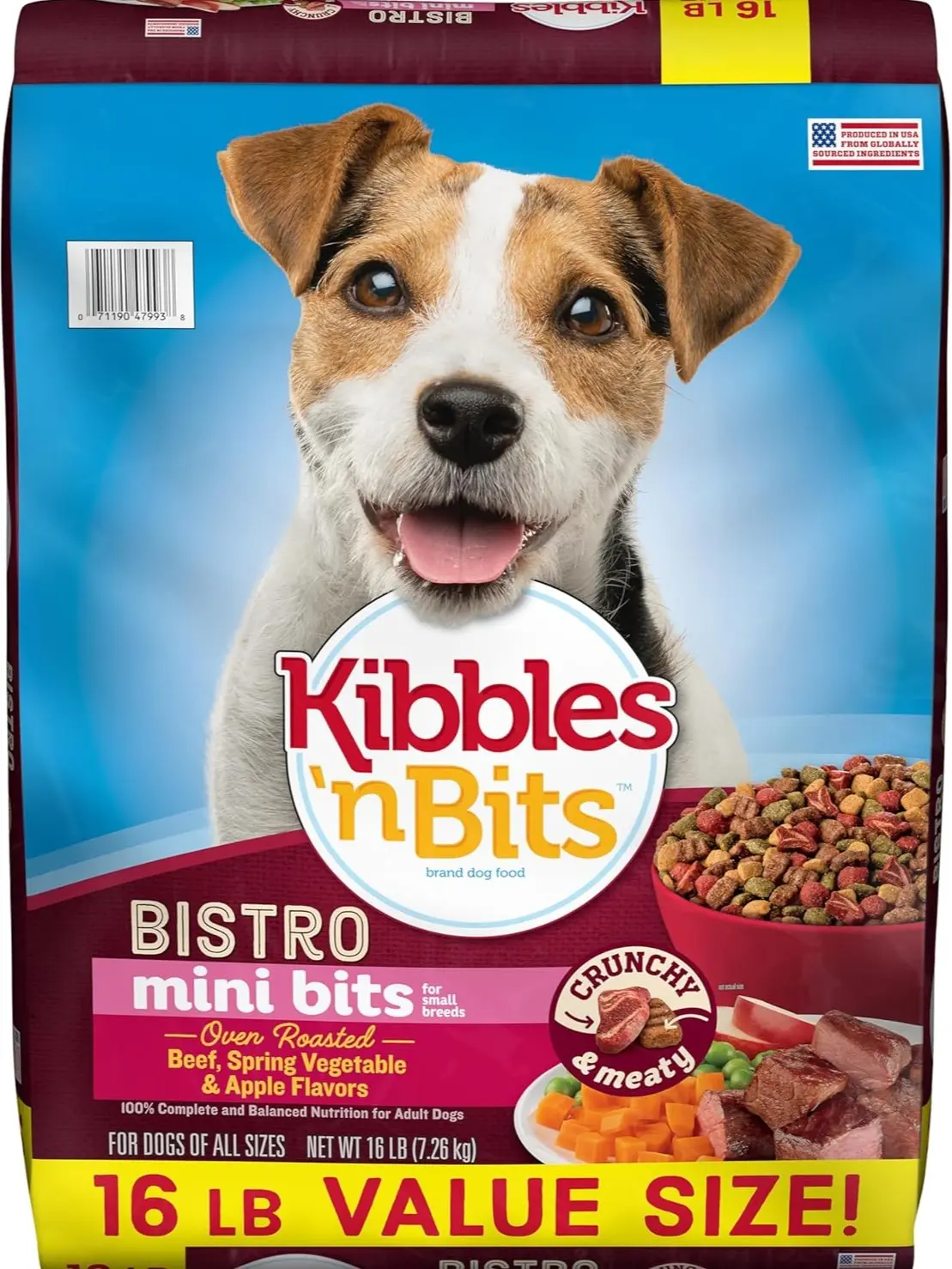 Kibbles 'n Bits Bistro Mini Bits Small Breed Dry Dog Food, Oven Roasted Beef, Spring Vegetable & Apple Flavors for Adult Dogs, 16 lb. Bag