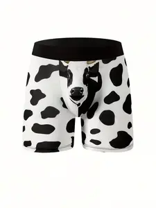 Men's Cow Print Long Boxers Briefs Shorts Breathable Comfy Stretchy Quick Drying Sports Boxers Trunks Novelty Graphic Underwear Menswear Socks
