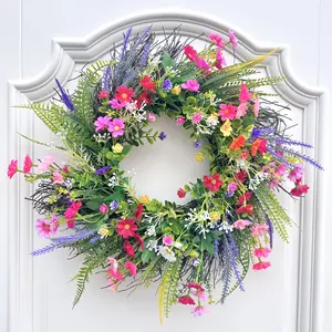 17.7in Spring Wreaths for Front Door Welcome Summer Flower Weatherproof Greenery All Seasons Round Wreaths Rustic Decor