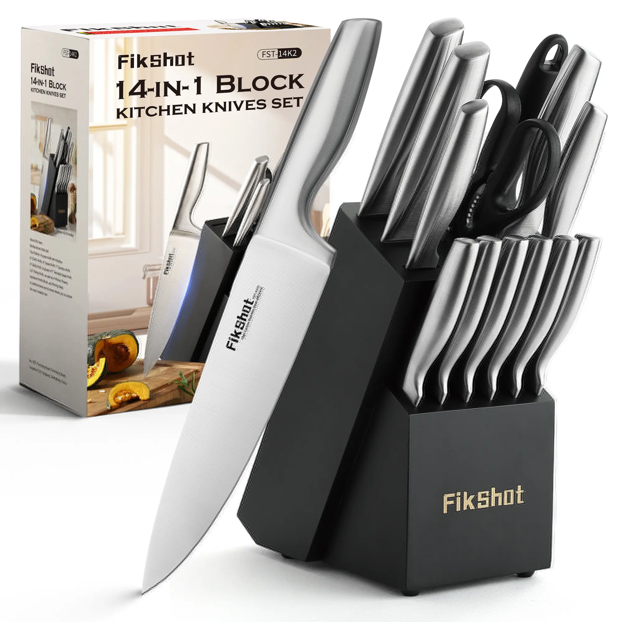 FIKSHOT 14-Piece Wooden Cutting Knives Kitchen Set with Block, High Carbon Stainless Steel (Steak, Chef’s, Sharpener, Shears), Dishwasher Safe, Ideal for New Home Housewarming Gifts