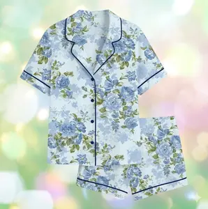 Blue Rose Pajama Set Women, Floral Aesthetic Sleepwear, Romantic Flower Pajamas, Button Down Summer PJs, Gift for Her #streetstyle #2026trend #trendingfashion #tiktokshopfinds