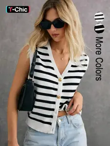 Fashion Women's Casual Striped Sleeveless Cardigan V-Neck Button Knit Vest, Fitted Colorblock Chic Design, All Seasons Wear, Womenswear